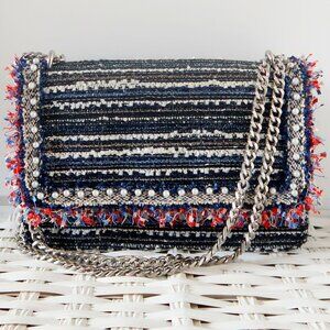 Zara Tweed Pearl Chain Flap Crossbody Shoulder Bag Blue Black Red Bouclé Classic